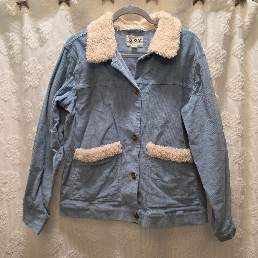 Roxy Almost Famous Womens Light Blue Corduroy Sherpa Collar Jacket Size Large‎